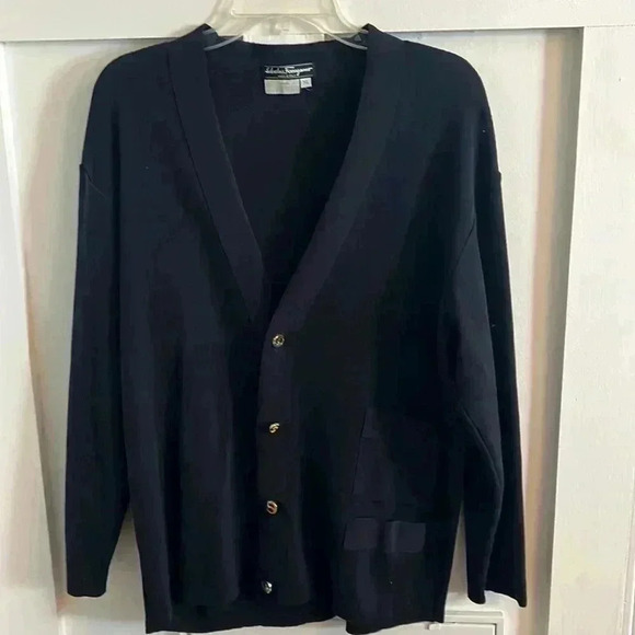 Vintage Salvatore Ferragamo Navy Wool Cardigan Sweater - Picture 1 of 4